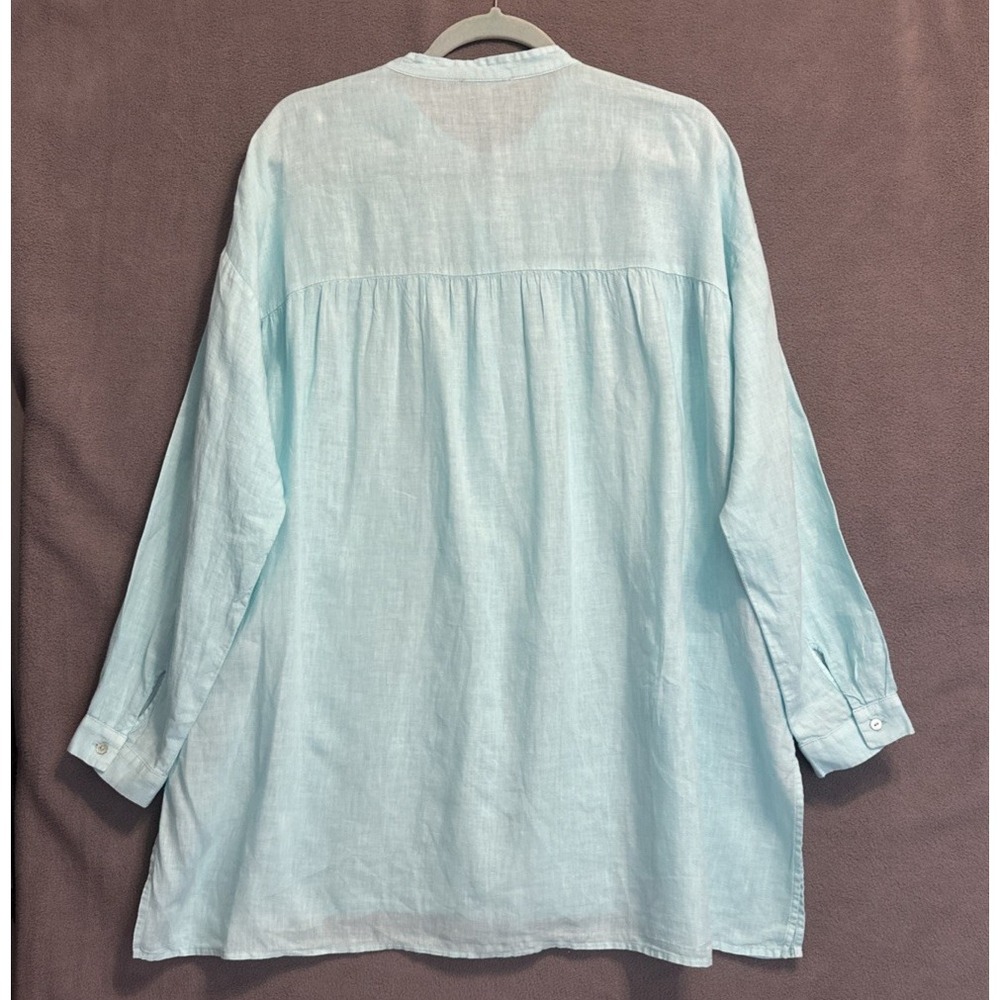 Eileen Fisher Organic Linen Button Tunic Top Band Collar Large Aqua Blue Resort - Picture 3 of 7